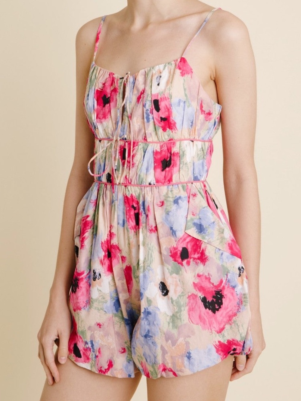 AUREUM Floral Romper Women Spaghetti Strap Tie Front Cottagecore Summer L